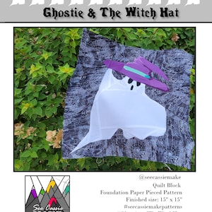 Digitalt Halloween-mönster med pappersdelad miniquilt eller quiltblock, Ghostie & The Witch Hat