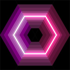 May include: Abstract geometric design with a hexagonal shape. The design features a series of concentric hexagons in shades of purple and pink, with a white outline.