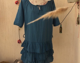 Vintage boho dress- vintage blue dress-vintage cotton dress-vintage sundress-vintage beach cover-vintage hippie-boho look-retro look-flared