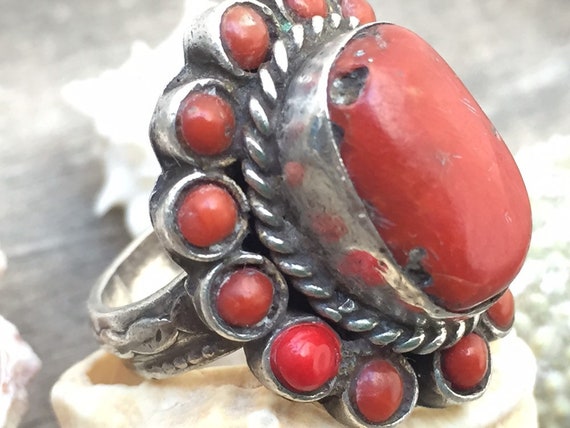 Vintage ring-vintage coral ring-vintage silver-re… - image 3