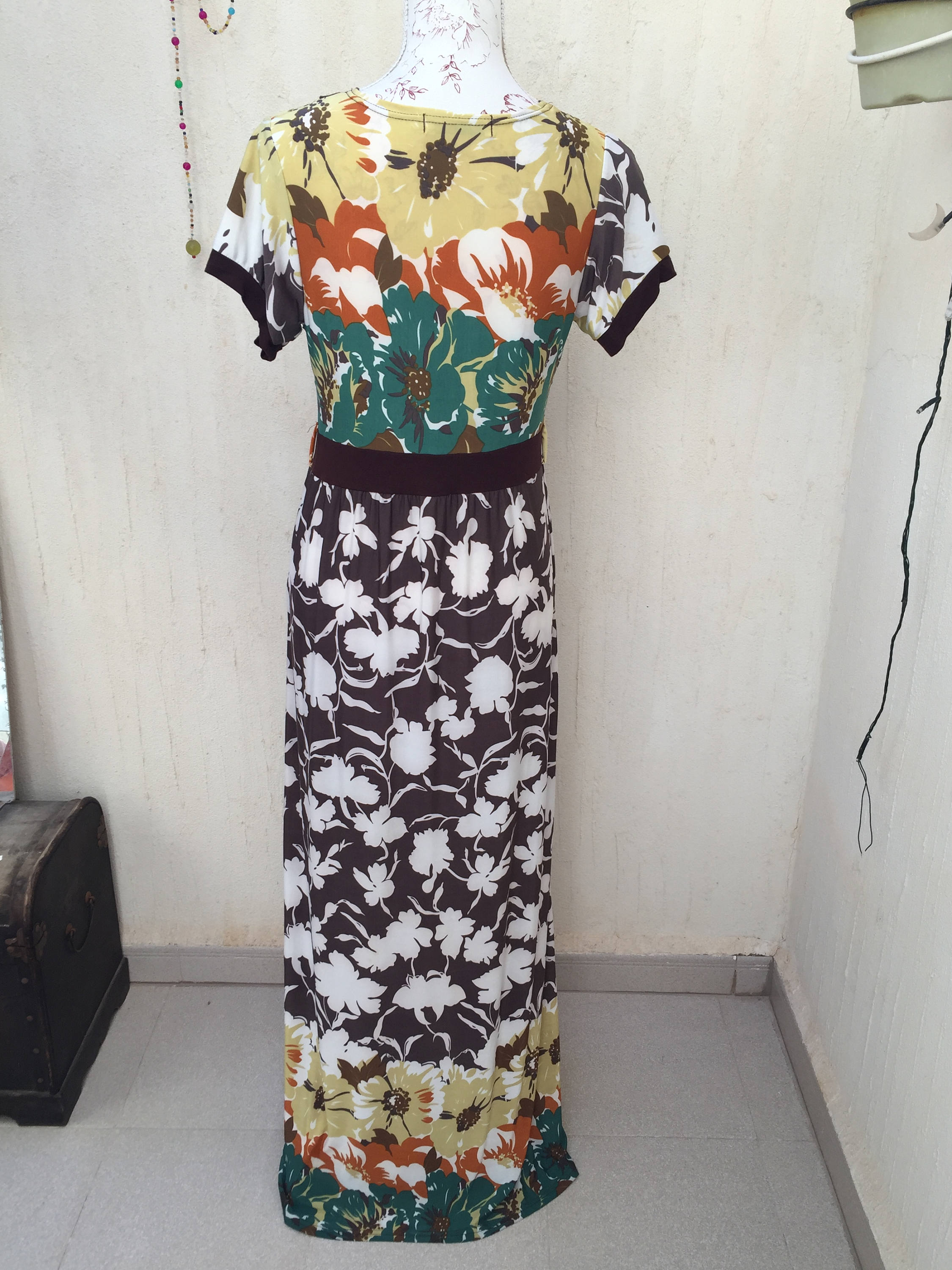 Vintage 70s Grey Purple Orange Floral Aline Maxi Dress 12 14