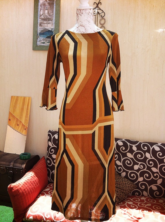 Vintage brown dress-vintage boho dress-70s party d