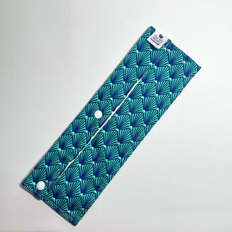Zero Waste Oh My Heart Large Reusable Utensil Holder Bag In blue and teal geometric