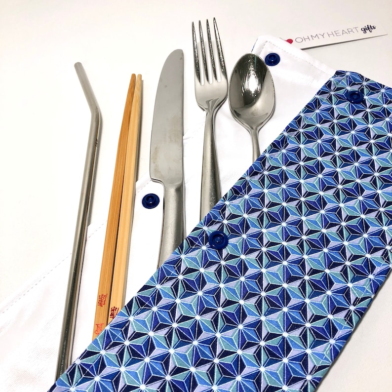 Zero Waste Oh My Heart Large Reusable Utensil Holder Bag In blue and teal geometric