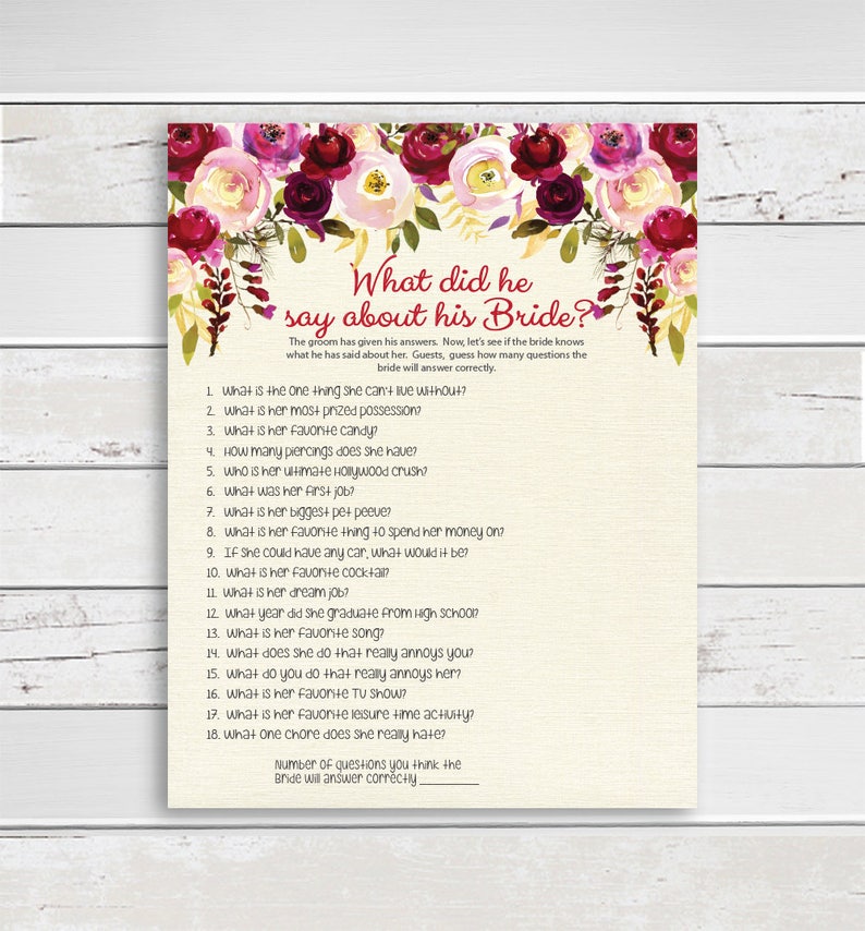 What did he say Bridal Shower Game . Wedding Shower Game . Etsy