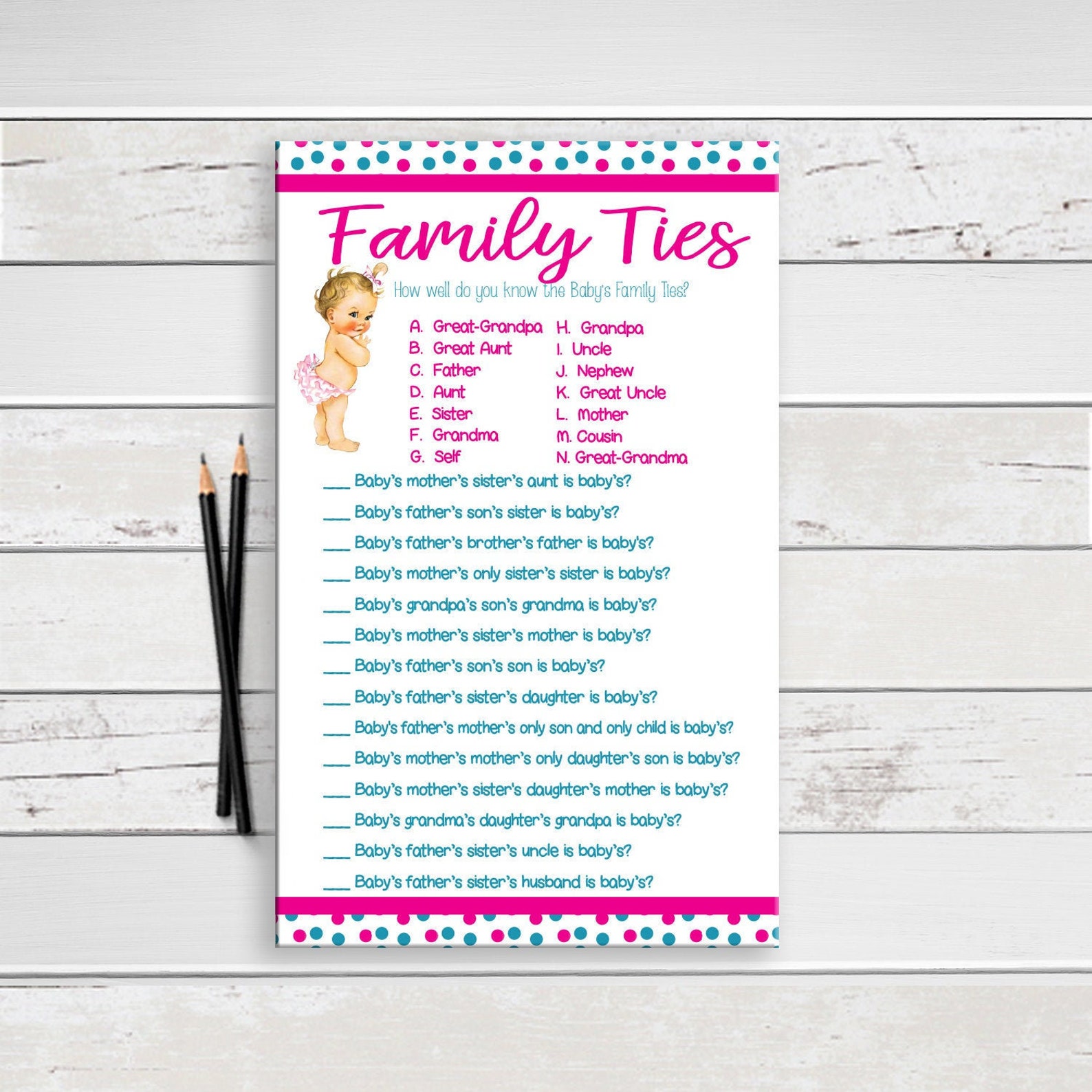 Family Ties Baby Shower Game . Baby Girl Shower Game . Coed Etsy
