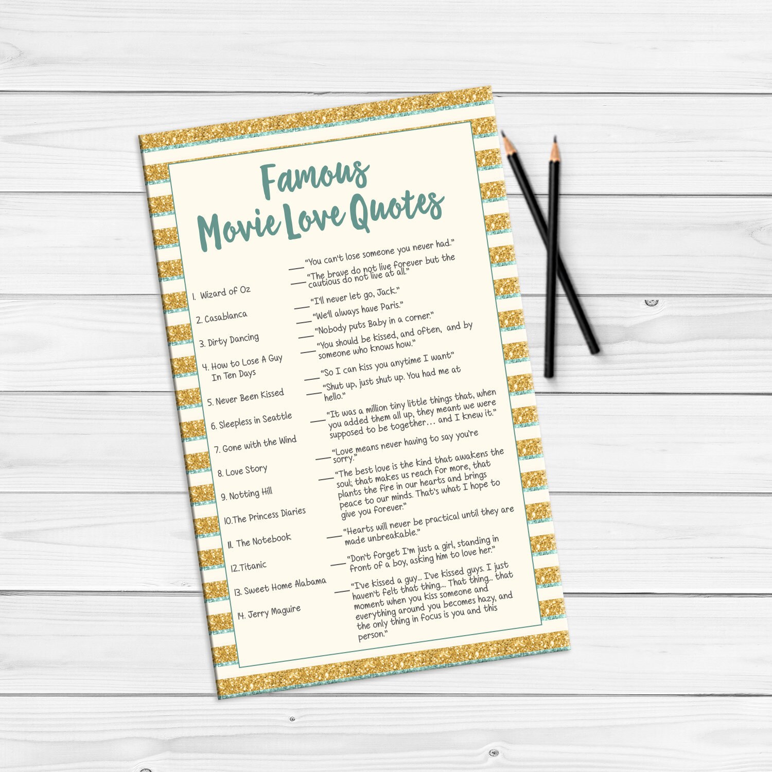 Famous Movie Quotes Wedding Shower Game Bridal Shower Game Gold