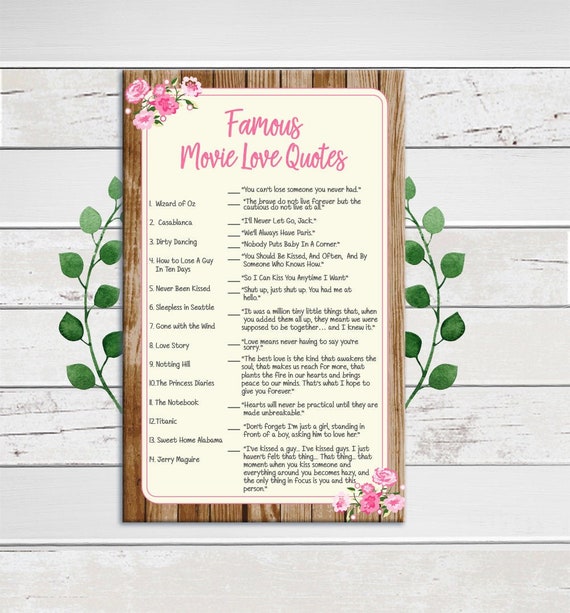 Movie Love Quotes Bridal Shower Game Rustic Bridal Shower Etsy