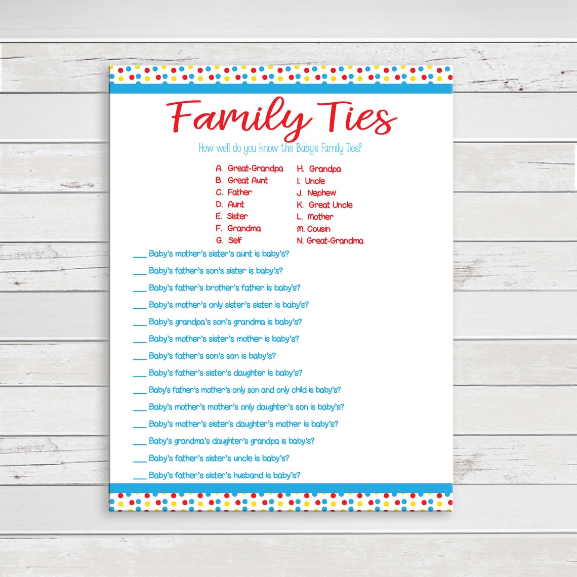 Family Ties Baby Shower Game . Baby Boy Shower Game . Coed Etsy