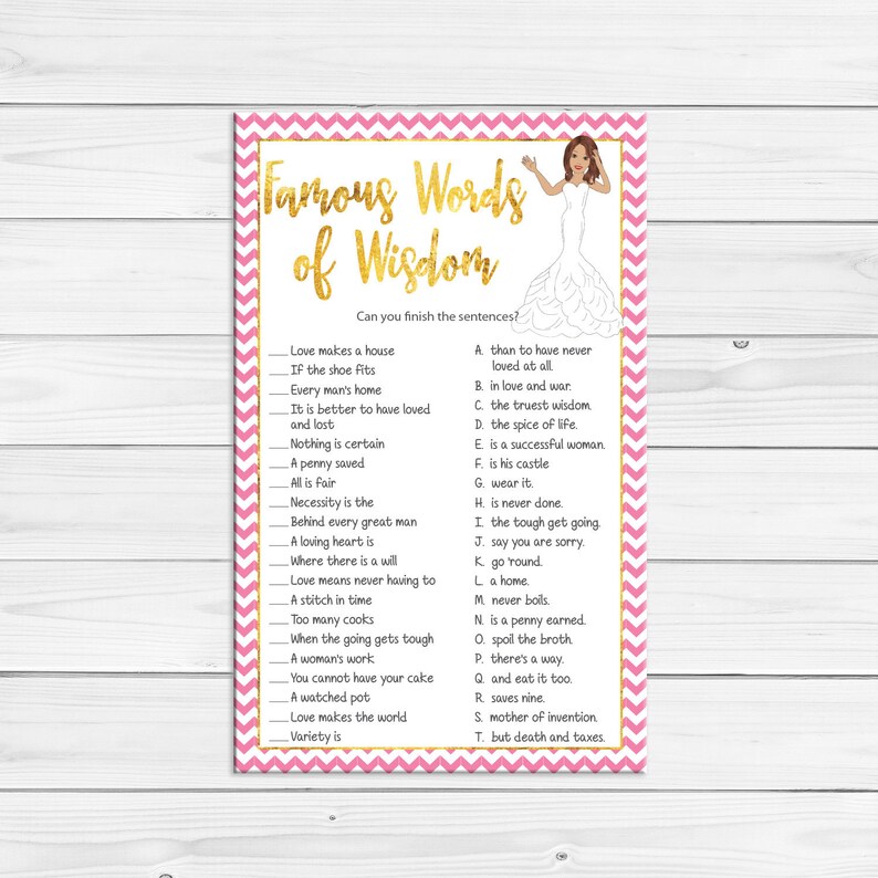 Words of Wisdom Bridal Shower Game Pink and Gold Game Wives Etsy