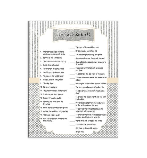 Items similar to Why do we do that Game, Bridal Shower Game, Gray, Wedding Shower Game, Couples