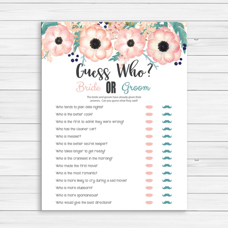 Guess Who Bridal Shower Game . Floral Wedding Shower Games . Etsy