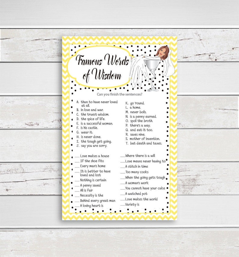 Words of Wisdom Bridal Shower Game Bride in Martini Glass Etsy