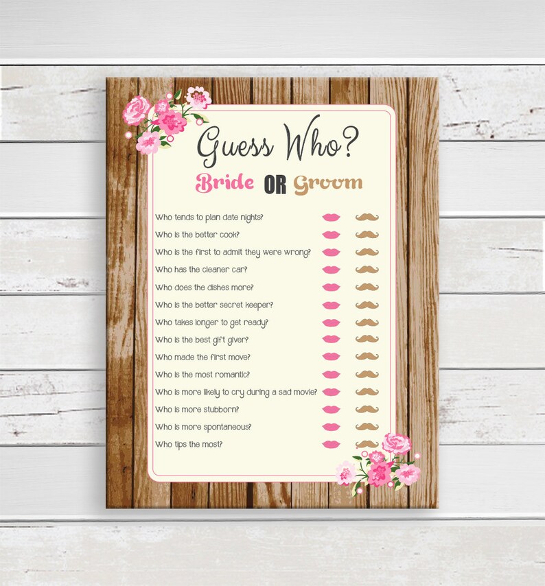 Guess Who Bridal Shower Game . Rustic Wood Pink Floral Wedding Etsy