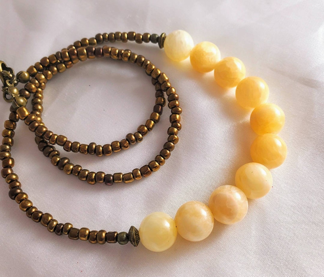 Long Boho Golden Alabaster Calcite Necklace. Luminous Etsy
