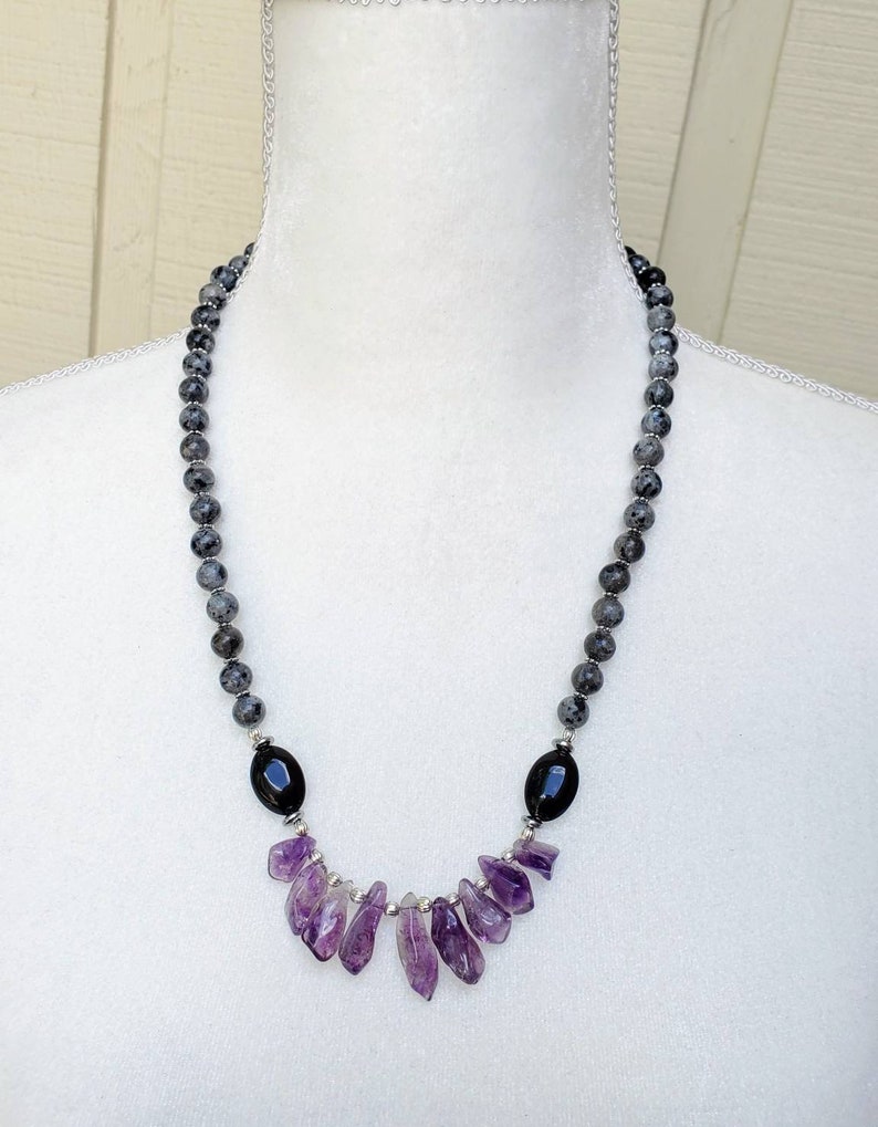 Long Amethyst Statement Necklace With Larvikite. Purple Gray Etsy