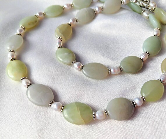 Sea jade serpentine & freshwater pearls necklace. Handmade sea | Etsy