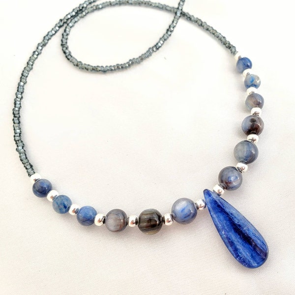 Dainty simple handmade kyanite pendant necklace. Shimmering blue cat's eye gemstones. Minimalist jewelry 4 everyday. Long, layering necklace