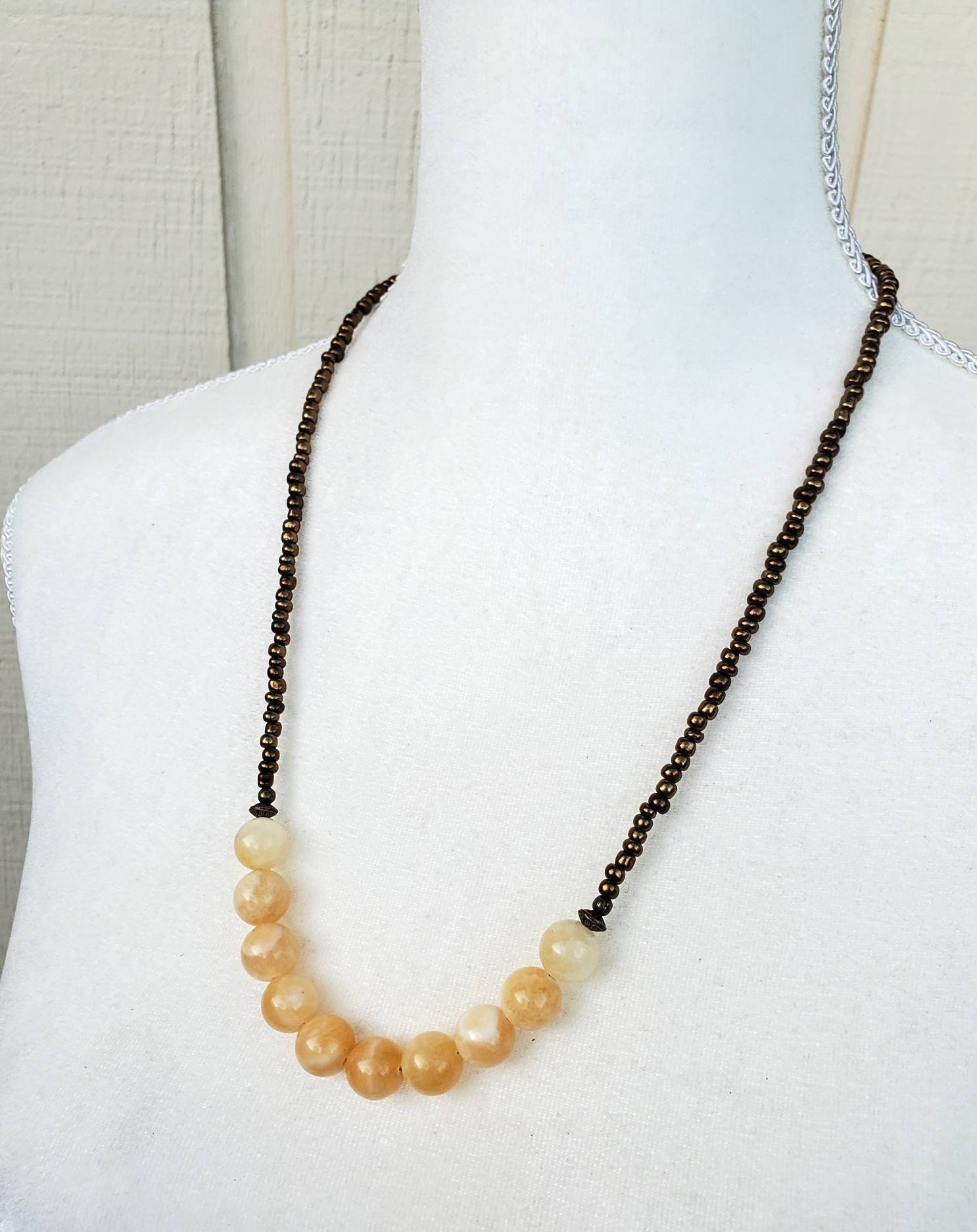 Long Boho Golden Alabaster Calcite Necklace. Luminous Etsy