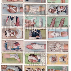 May include: A vintage set of 18 illustrated cards featuring various first aid techniques. The cards are printed on a light blue background with white borders and feature illustrations of people demonstrating how to apply bandages and treat injuries. The cards are titled "Wills's Cigarettes" and include text describing the techniques.