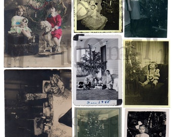 Puede incluir: Una colección de fotos de Navidad vintage que muestran familias reunidas alrededor de árboles de Navidad decorados. Las fotos son en blanco y negro y muestran la alegría de la época navideña.