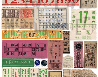 May include: A collage of vintage ephemera, including tickets, stamps, and paper scraps. The collage features a variety of colors, including red, green, blue, and yellow. The text on the ephemera includes numbers, dates, and words in English, French, and Japanese. The collage is a great example of vintage ephemera and would be a great addition to a scrapbook or art project.