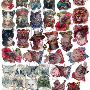 Puede incluir: Una colección de ilustraciones vintage de gatos con diferentes sombreros y disfraces. Los gatos se representan en una variedad de poses, incluyendo sentados, de pie y acostados. Algunos de los gatos llevan sombreros, como un sombrero de copa, un sombrero de bufón y una corona. Otros llevan disfraces, como un disfraz de payaso, un disfraz de pirata y un uniforme de soldado.