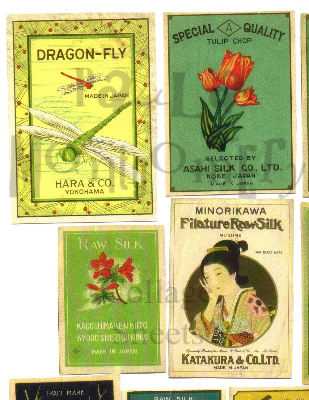 Vintage Japanese Silk Fabric Labels Digital Download Collage