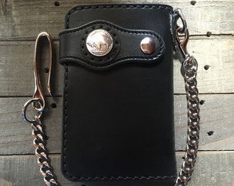 Handmade Leather Mid Wallet Biker Wallet Chain Wallet (Black/Silver)