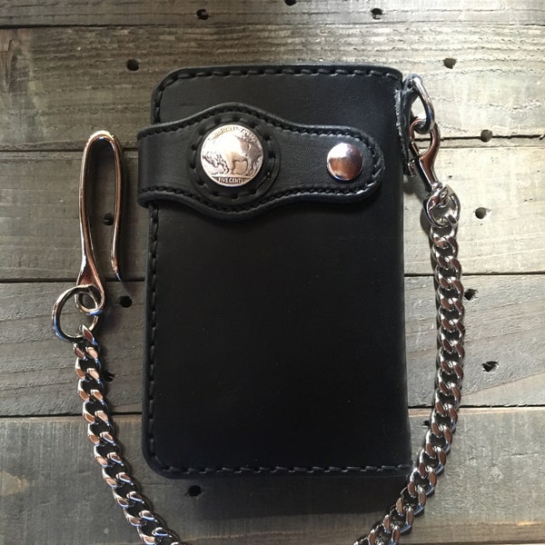 Handmade Leather Mid Wallet Biker Wallet Chain Wallet (Black/Silver)