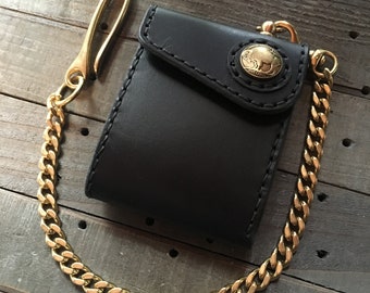 Leather Bifold Billfold Chain Wallet Biker Wallet (Black/Brass)