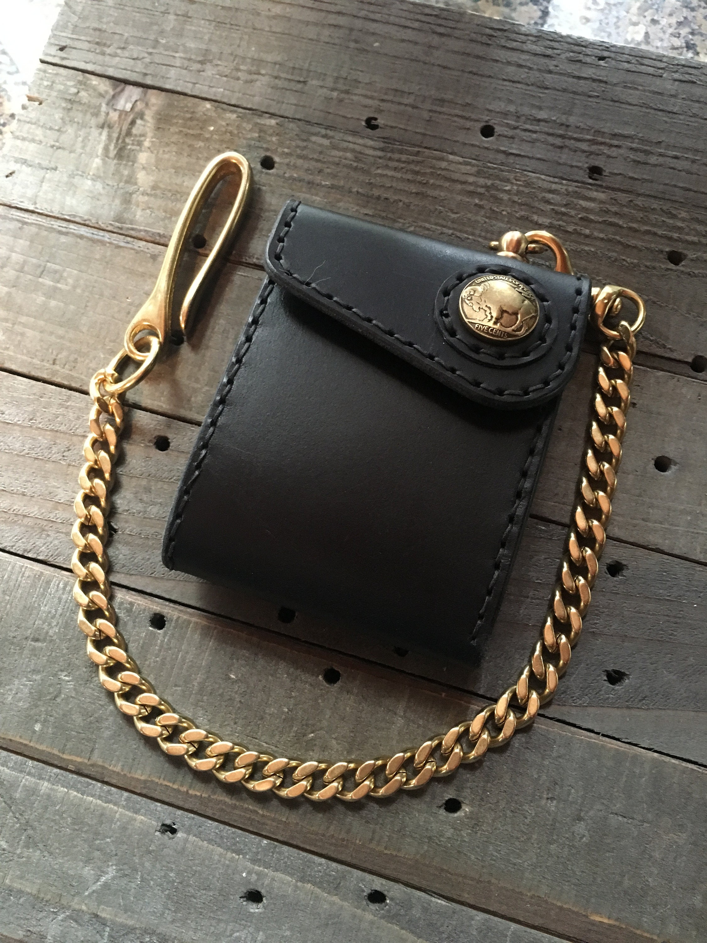 Leather Bifold Billfold Chain Wallet Biker Wallet (black