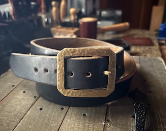 F&FJ Baker Leather Belt (black) with Solid Brass Buckle (hand hammered)