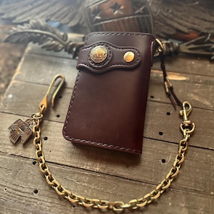 Cartera de cuero hecha a mano, cartera estilo motero, cartera con cadena (marrón)