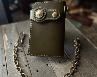 Handmade Leather Mid Wallet Biker Wallet Chain Wallet (Olive)