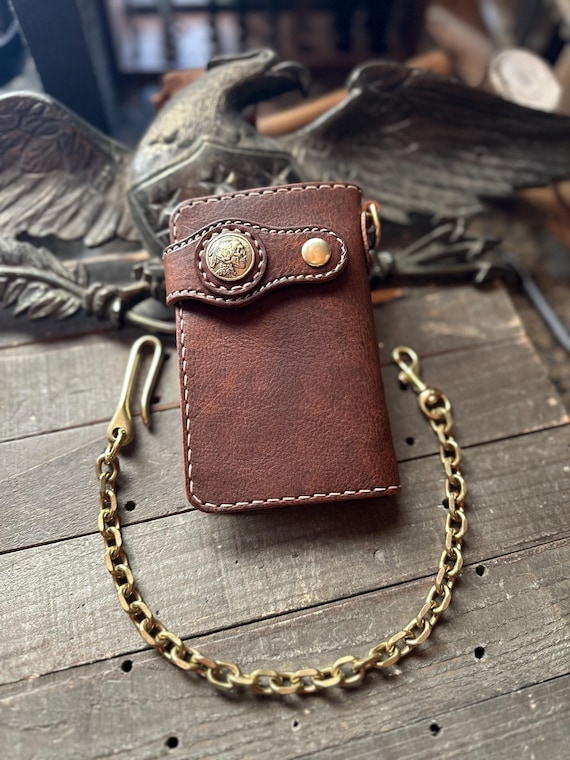 420mmﾚｻﾞｰﾁｪｰﾝ付■Middle Leather Wallet Handmade Leather Mid Wallet Biker Wallet Chain Wallet (rustic