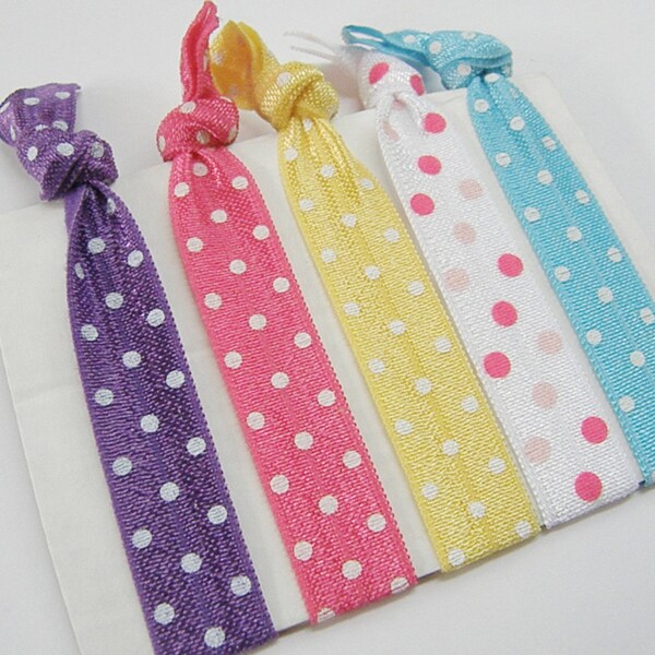 CLEARANCE Fold Over Elastic Hair Ties Pink White Turquoise Yellow Purple Polka Dot No Headache Ponytail Holders Yoga Bracelets