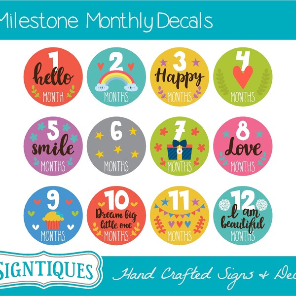 Newborn Monthly Milestone Development Vinyl Decal Sticker Numbers Animals Nursery Baby Shower Child Kid Art Photo Prop Baby Book Gift