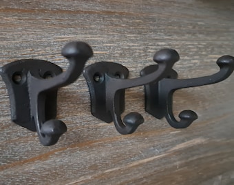 Set of 3, Cast Iron Rustic Aged Old English Wall Hooks