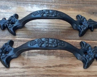 Set of 2, Cast Iron Antique Style Black Victorian 6" Handles - Cabinet Drawer Pulls