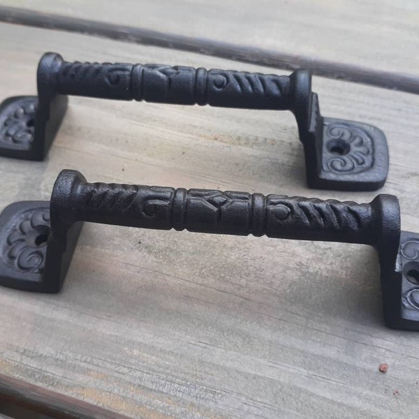 Set of 2 Cast Iron Vintage Style Aged Iron Handle Pulls - Cabinet, Drawer, Charcuterie Board Handles