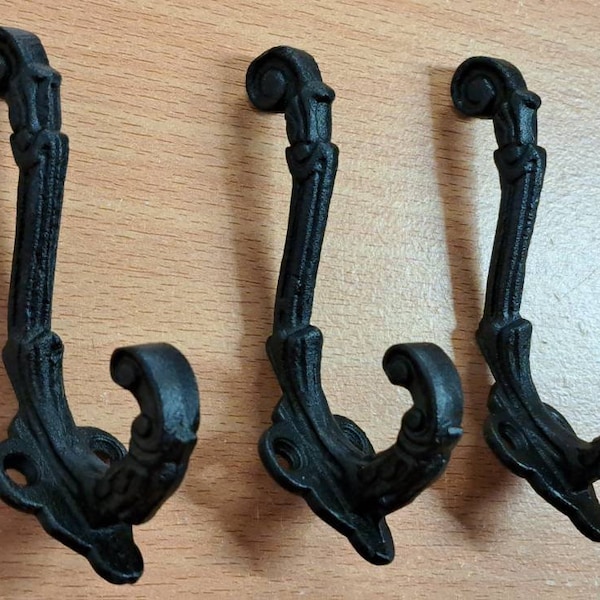 Set of 3, Cast Iron Matte Black Textured Victorian 3.5" Coat & Hat Hooks