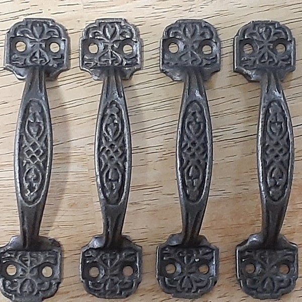 4 Pack Cast Iron Natural Oil Rubbed 4" Engraved Handle Pulls - Cabinet, Drawer, Charcuterie Board Handles