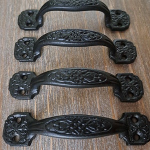 4 Pack Cast Iron Matte Black 4" Engraved Handle Pulls - Cabinet, Drawer, Charcuterie Board Handles