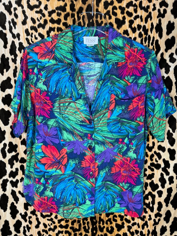 Vintage 80s Tess Vibrant Tropical Abstract Rayon … - image 1