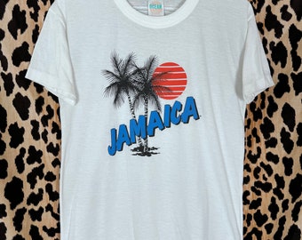 Vintage 70s Pristine White Jamaica Graphic Palms 65/35 Travel T-shirt