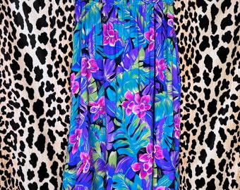 Vintage 80s Michelle Leslie Rayon Vibrant Tropical Orchid Palm Print Elastic Waist Skirt