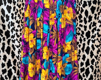 Vintage 80s SK & Company Rayon Vibrant Tropical Hibiscus Floral Pleated Midi Skirt