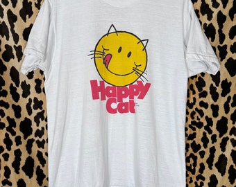 Vintage 80s Happy Cat Threadbare White T-Shirt