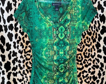 Vintage Y2K I.N.C. Green and Yellow Snakeskin Mesh Capped Sleeve Ruched Top
